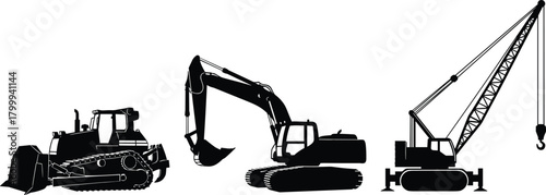 Heavy construction machinery silhouettes featuring bulldozer, excavator, and crawler crane, industrial equipment illustration, earthmoving vehicles, engineering and building machines