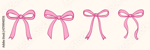Pink bows sticker set. Hand drawn doodle ribbons, bows for gifts, present knots and wrap pack. Vector vintage illustration isolated on a white background.