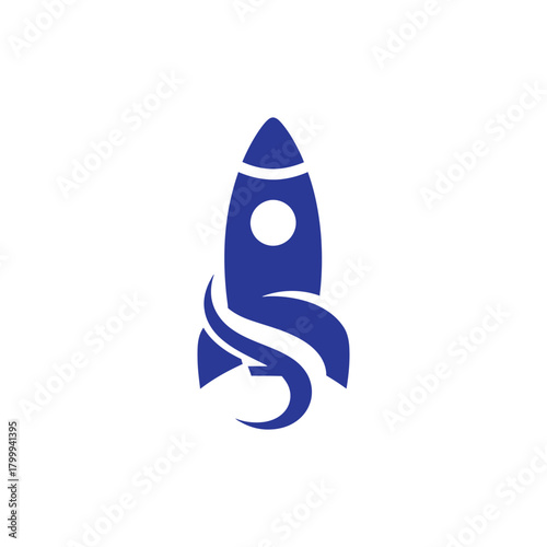 Blue rocket ship launching upwards against white backdrop, symbolizing innovation and technological advancement with a clean and modern aesthetic.