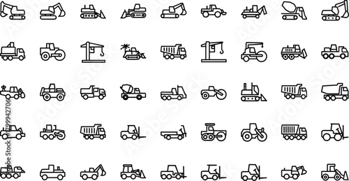 Large outline collection of construction vehicles including excavators, dump trucks, tractors, rollers, forklifts, cranes and heavy industrial machinery icons