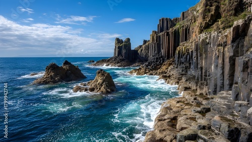 Volcanic basalt columns by the sea - hexagonal rock formations rising like organ pipes along a rugged coastline