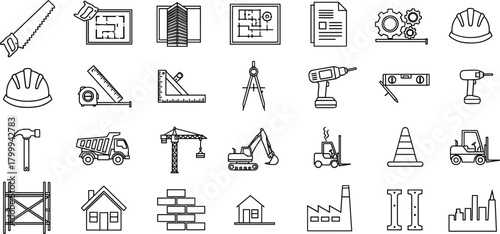 Large set of construction and engineering icons including tools, blueprints, machinery, vehicles, buildings and industrial elements in clean outline vector style