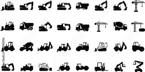 Large set of construction vehicle silhouettes including excavators, bulldozers, dump trucks, cranes, loaders, forklifts and heavy industrial machinery icons