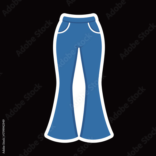 Retro Style Blue Flared Jeans or Bell Bottom Pants Cartoon Sticker Vector Illustration Isolated on Black Background for Fashion Design