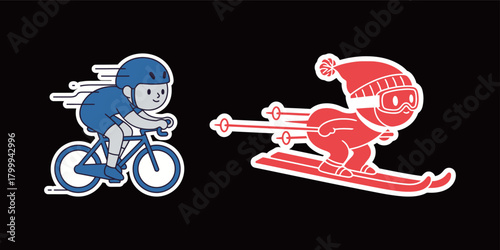 Cycling and Skiing Action Sports Cartoon Sticker Set: Bicycle Rider and Skier Vector Illustration Isolated on Black Background