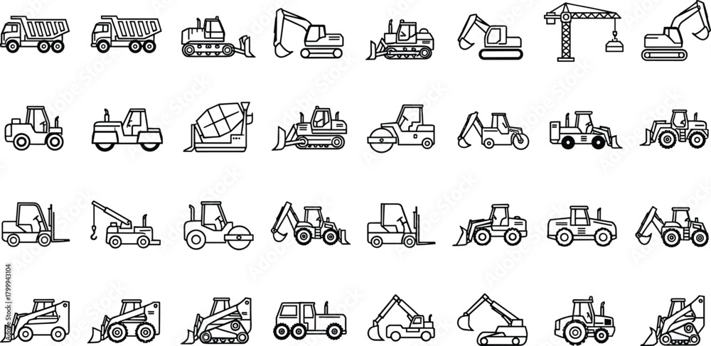 Fototapeta premium Large set of outline construction vehicles including dump trucks, excavators, bulldozers, cranes, forklifts, loaders and heavy industrial machinery icons