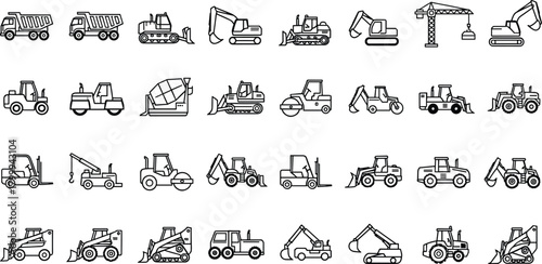 Large set of outline construction vehicles including dump trucks, excavators, bulldozers, cranes, forklifts, loaders and heavy industrial machinery icons