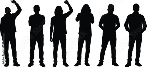 Flat vector silhouette of diverse standing human figures in various expressive poses for design, animation, illustration, and concept art