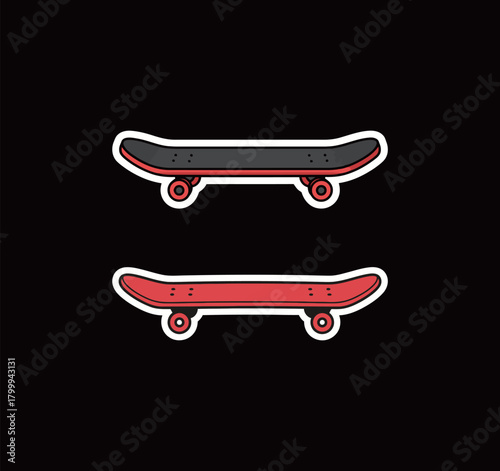 Skateboard Sticker Set Design Vector Illustration Featuring Two Different Colored Skateboards Black and Red for Sports and Urban Lifestyle.