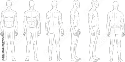 Male figure template, fashion croqui set, front, back, side view, man's body, technical drawing, turnaround sheet, vector sketch, isolated collection.