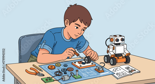 Young aspiring engineer builds futuristic robot with tools and blueprint, sparking innovation and creativity