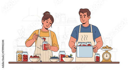 Joyful couple preserves fresh summer berries making delicious homemade jam and preserves in their kitchen, capturing homemade goodness