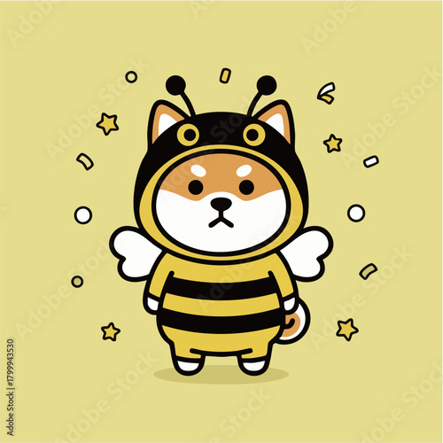 ハチの着ぐるみを着て遊ぶ、明るい黄色を背景にした犬のマスコットキャラクター