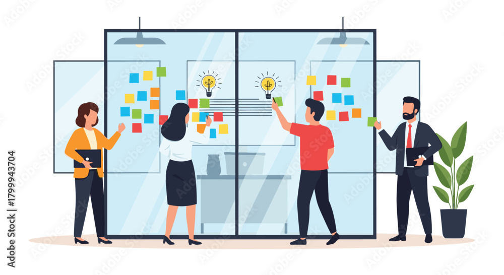 Obraz premium Dynamic team collaborates on innovative ideas using a modern glass board with colorful sticky notes and lightbulb icons
