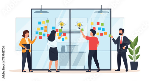 Dynamic team collaborates on innovative ideas using a modern glass board with colorful sticky notes and lightbulb icons