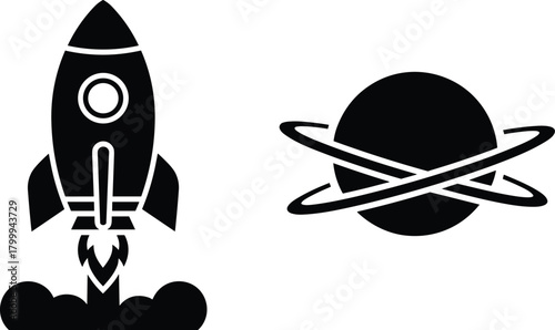 Rocket launching icon with planet and orbit rings, space exploration illustration, sci-fi silhouette design, cosmic universe graphic elements
