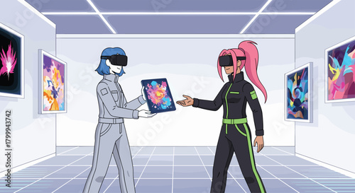 Two women wearing VR headsets interact in a modern art gallery, one holding a tablet displaying vibrant digital art