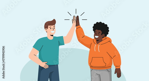 Two smiling men of diverse backgrounds giving each other a high five, celebrating success and teamwork in a modern, bright setting