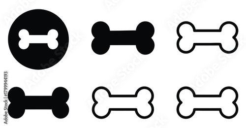  Dog bone icon set in solid and outline styles with design variations, ideal for pet care, UI, branding, and veterinary visuals