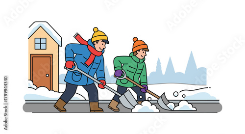 Energetic friends cheerfully shovel snow together, clearing driveway for cozy winter home