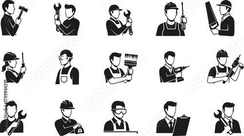 Set of construction and repair worker icons holding tools including wrench, hammer, drill, saw, screwdriver and paintbrush, professional labor illustrations