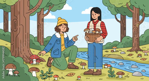 Joyful friends discover bounty of mushrooms in vibrant forest, enjoying nature's treasures by a flowing stream