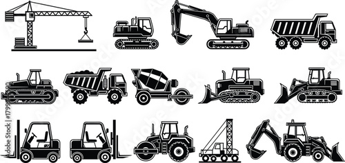Set of construction machinery and heavy equipment icons including crane, excavator, dump truck, forklift, bulldozer, cement mixer and tractor vehicles