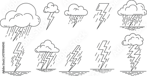 Set of lightning and rain weather icons featuring storm clouds, thunderbolts and rainfall, hand-drawn line style meteorology illustration elements