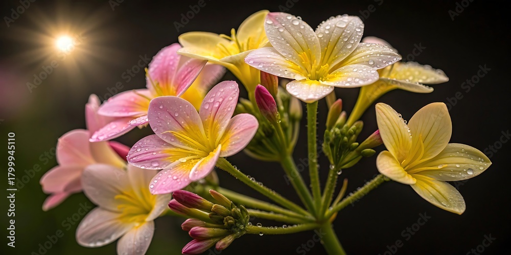 Fototapeta premium Cluster of pink and yellow plumeria flowers with water droplets and sun flare frangipani bloom