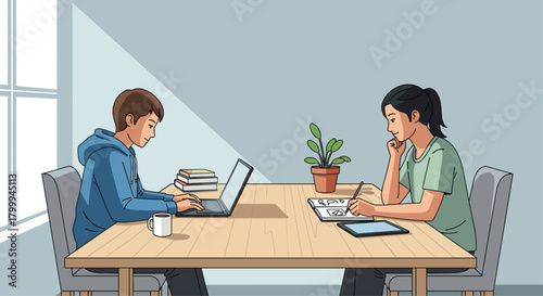 Focused students collaborating on laptop and notes at a bright, modern table, fostering productive teamwork and learning