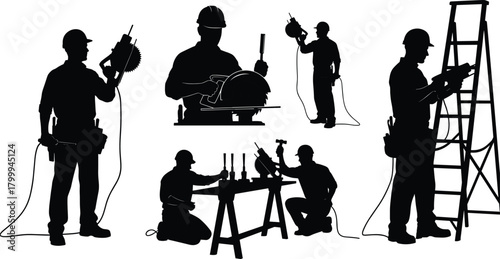 Silhouette construction workers using power tools, carpentry equipment, industrial tools, ladder, workshop action scene, professional labor workforce illustration, black vector art