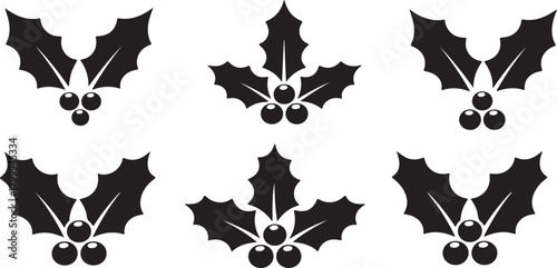 Black and white graphic icons of holly leaves with berries, representing Christmas and winter holiday themes in a simple, clean design