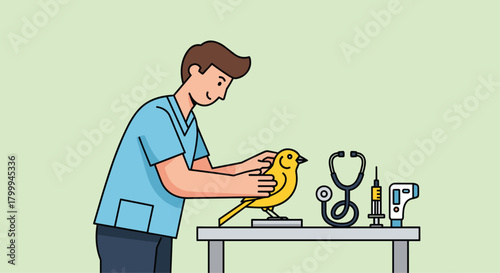 Caring veterinarian gently examines a yellow bird with stethoscope and thermometer on a clean medical table