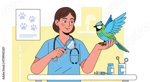 Caring veterinarian examines a vibrant blue and green bird with a magnifying glass, surrounded by medical supplies and paw prints