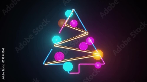 3D Neon Abstract Christmas Tree with Glowing Spheres and Pink-Blue-Gold Tubes,  Festive Art on Black Background, New Year Celebration, christmas celebration video 