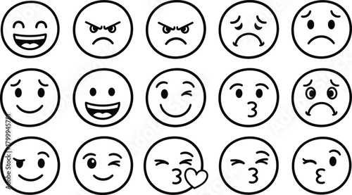 Collection of Black and White Emoticon Faces with Various Expressions