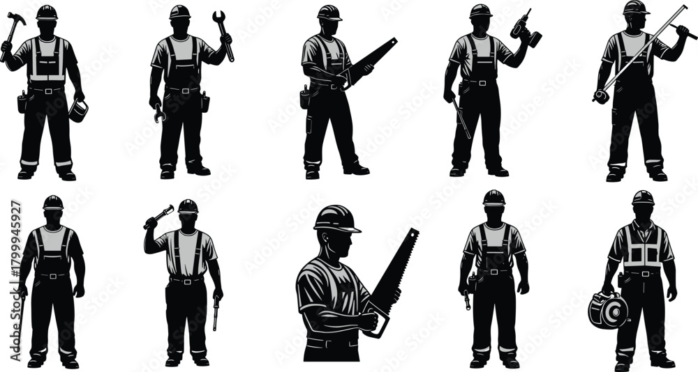 Naklejka premium Silhouette set of construction workers holding tools including hammer, wrench, saw, drill and safety gear, professional labor workforce illustration