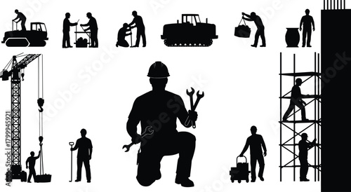 Silhouette set of construction workers, crane, scaffolding, machinery and tools performing various building tasks, industrial labor and engineering illustration