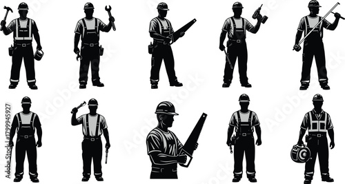 Silhouette set of construction workers holding tools including hammer, wrench, saw, drill and safety gear, professional labor workforce illustration