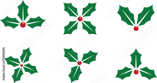 Elegant assortment of stylized holly leaf and berry icons, ideal for festive season designs, holiday greetings, and winter graphic projects