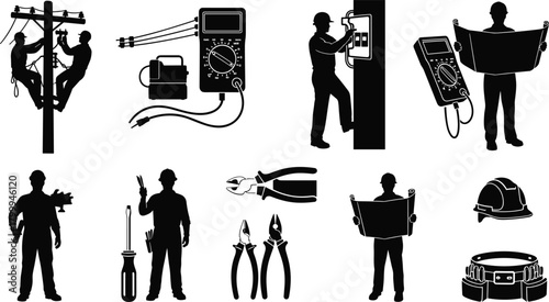 Silhouette set of electricians, linemen, electrical tools, multimeter devices, safety gear, wiring equipment and technical blueprint inspection for industrial maintenance work