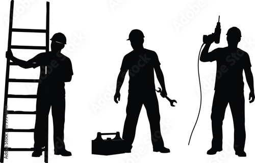 Silhouettes of construction workers using ladder, wrench, and power drill, professional technician illustration, industrial labor, tools, safety equipment, workplace concept
