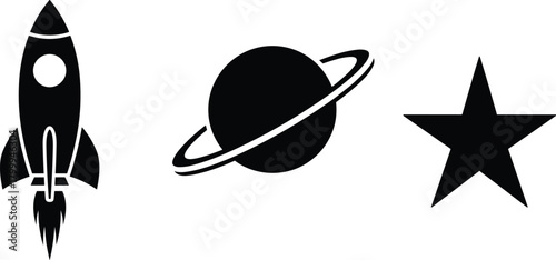 Space icon set with rocket, planet and star silhouette, astronomy vector illustration for cosmic design, science fiction and galaxy graphics