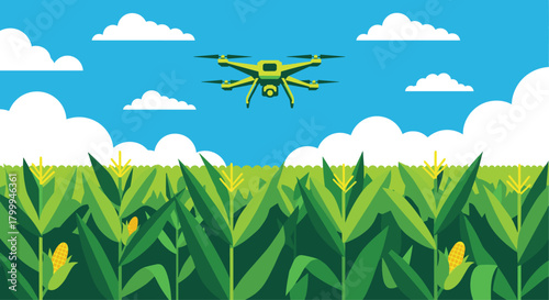 Innovative drone surveys vibrant cornfield providing modern agricultural insights for smart farming and crop management