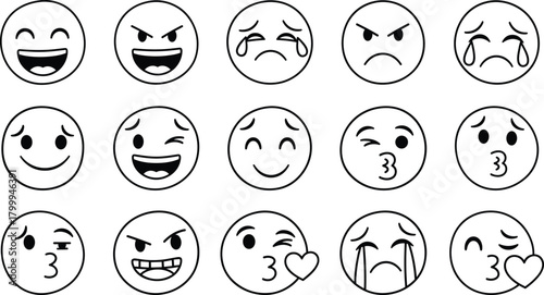 Outline Emoji Faces with Various Expressions on White