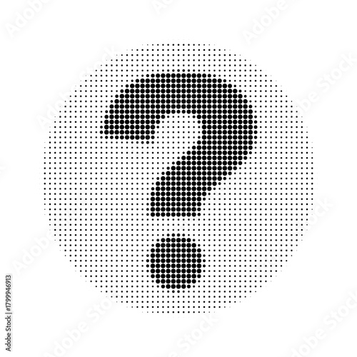 Minimal halftone question mark icon in black and white. Modern dotted style symbol for help, FAQ, support, information and search design.