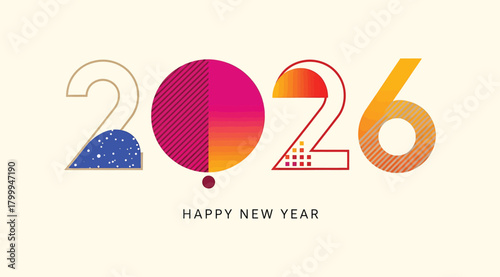 Happy new year 2026 text with colorful abstract design elements and gradient colors, celebrating the upcoming year with a modern and festive typographic illustration
