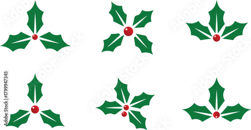 A festive collection of six traditional holly leaf sprigs with bright red berries for Christmas and winter holiday decoration