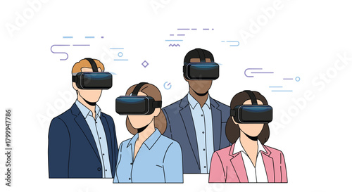 Diverse team experiences immersive virtual reality for innovative business strategy and future planning