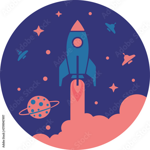 宇宙へ向けて飛び立つロケットと惑星のモダンでフラットな円形イラスト